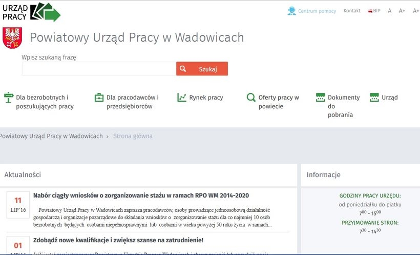 Fot. screen strony PUP Wadowice